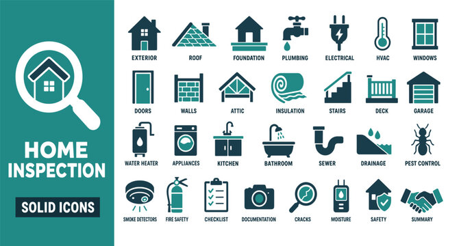 Home inspection solid vector icons set collection featuring exterior roof foundation plumbing electrical hvac windows doors walls attic insulation stairs deck and safety symbols