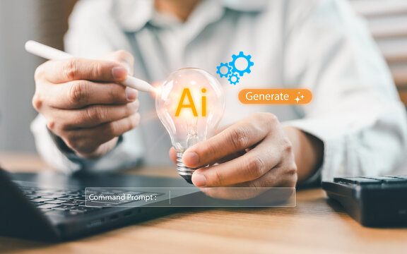 Creative professional using generative AI prompt to get ideas. Businessperson holding glowing light bulb with artificial intelligence interface for content creation