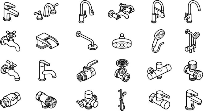 Faucet and plumbing icon set in an isometric line art style including water taps, shower heads, industrial valves and bathroom fixtures.
