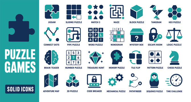 Puzzle games solid icons set featuring jigsaw maze tangram brain teaser and logic challenges in teal and dark blue colors