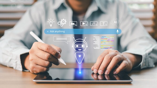 Close up of a man using a digital tablet with a stylus, interacting with a generative AI chatbot interface to ask questions, create content, code, and generate images
