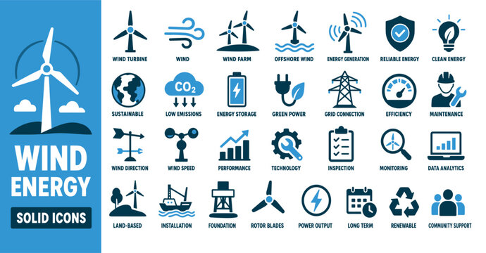 Wind energy solid icons set representing sustainable power generation with turbine technology and renewable resource infrastructure elements in blue and dark grey colors