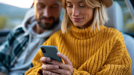 Fototapeta na wymiar Faceless young couple using phone on road trip together checking social media, travel lifestyle concept, automotive photography, blurred outdoor background, with copy space