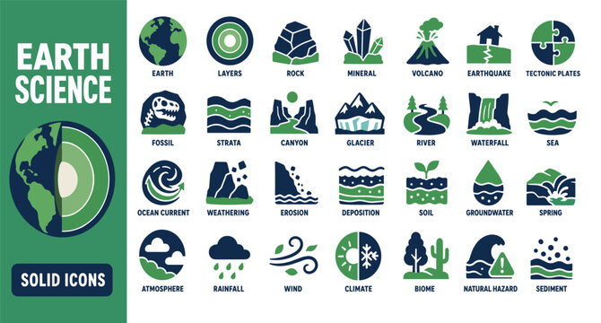 Earth science solid icons set representing geology and meteorology concepts including volcano tectonic plates glacier erosion and climate change in green and blue colors