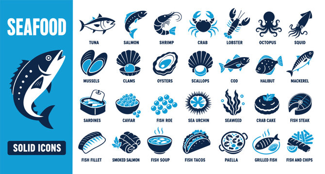 Seafood solid icons collection of marine animals and prepared dishes including tuna salmon shrimp crab lobster octopus squid mussels clams oysters scallops and other delicious ocean meals