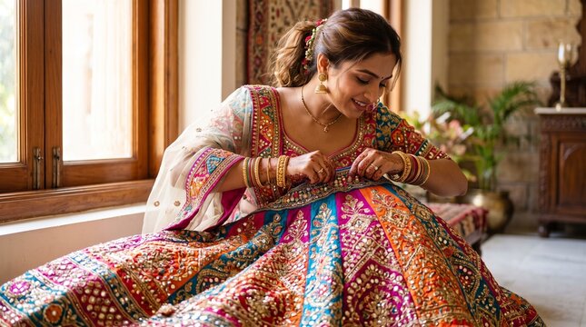 Beautiful Indian woman adjusting her colorful heavily embroidered traditional chaniya choli lehenga getting ready for Navratri festival