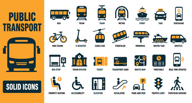 Public transport solid icons set featuring bus train tram metro ferry taxi rideshare bike share e-scooter cable car funicular monorail water taxi and shuttle symbols