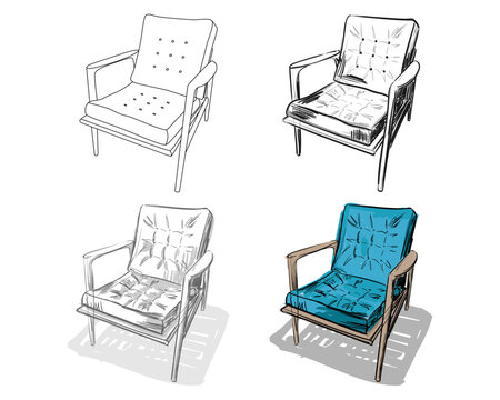 Four mid-century armchair sketches. A clean line drawing, an ink sketch shaded with strokes, a pencil sketch shaded with grey marker, and a blue-colored final illustration.