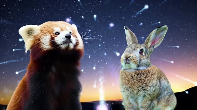 A red panda and a rabbit look up at a sky filled with falling stars.