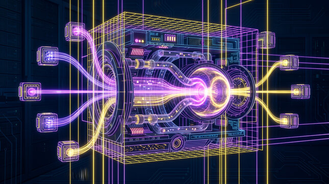 Abstract Artificial Intelligence Network and Data Processing Quantum Computer System Hologram background