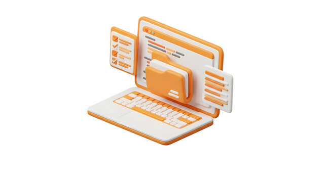 3D laptop computer icon with floating digital files and documents computer document