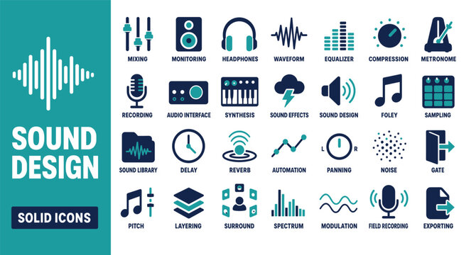 Sound design solid icons set featuring audio production elements like mixing headphones waveform equalizer recording and synthesis symbols