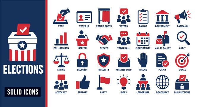 Election and voting solid icons set featuring symbols for ballot box, voter identification, campaign, democracy, and political government processes