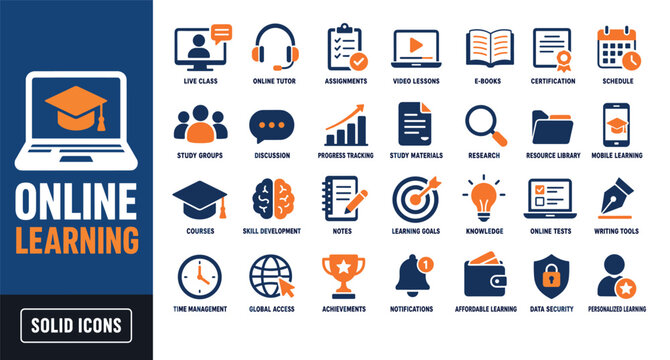 Online learning solid icons set featuring education symbols including live class online tutor assignments video lessons ebooks certification schedule study groups and progress tracking