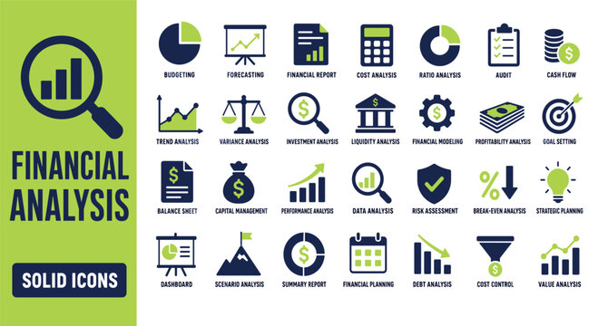 Financial analysis solid icons set featuring business symbols for budgeting forecasting audit cash flow and risk assessment in green and blue colors