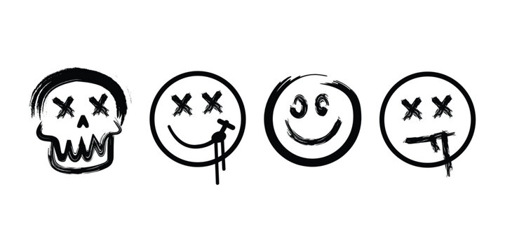 Set of hand drawn grunge skull and smiley faces with x eyes, vector illustration