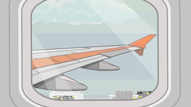 Cartoon style animation of a plane landing on the runway wing view from the window, city, art, drawing, 2D.