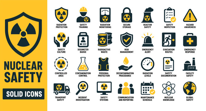 Nuclear safety solid icons set featuring radiation protection symbols, hazard awareness signs, radioactive waste management, emergency response, and industrial power plant security graphics