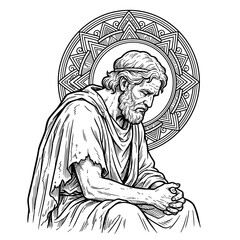Fototapeta premium Pensive elderly man with halo and ornamental backdrop.