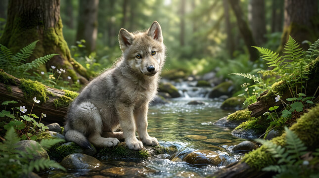Cute wolf cub sitting by a small stream in a green forest