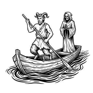 Satyr rowing boat with grim reaper woodcut illustration.