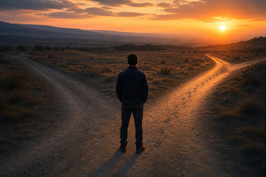 Lone man standing on a dirt road at sunset in rural landscape