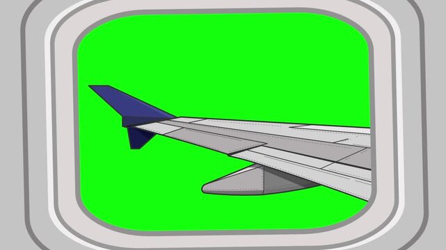 Cartoon style animation of a plane, wing view from the window on a green background, art, drawing, 2D.