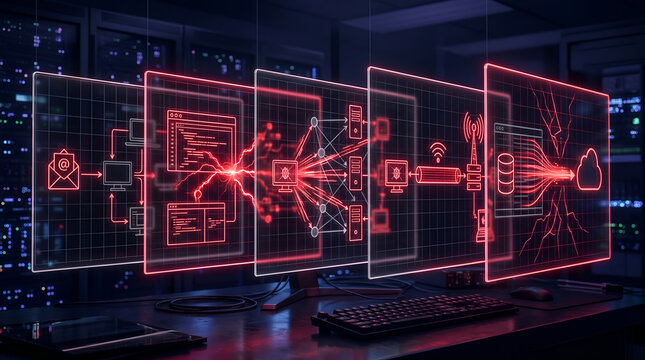 Abstract Cyber Security and Cloud Computing System Integration with Glowing Red Interface in Datacenter background