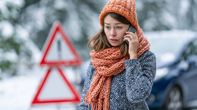 Faceless young woman standing near triangle road warning sign talking on mobile phone against background of car on snowy day waiting for help, winter breakdown concept, automotive
