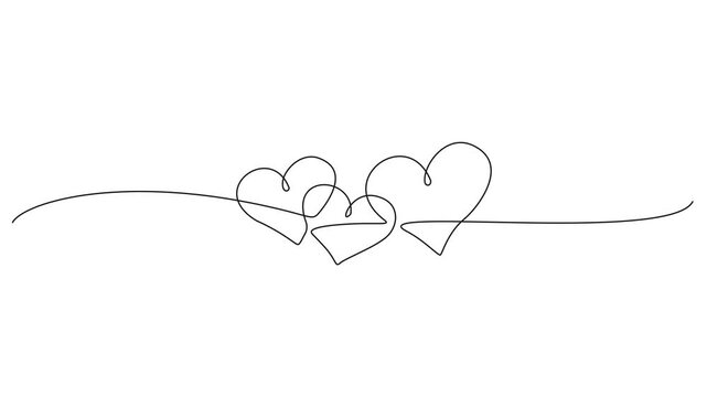 animated continuous line drawing of three connected hearts, romance, wedding, or Valentines Day concepts, minimalist line art animation