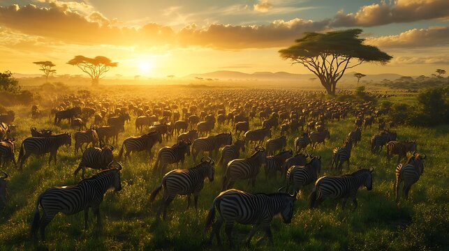 A massive herd of wild zebras grazes peacefully on the vast grassy African savannah during a beautiful golden hour sunset with warm glowing light everywhere