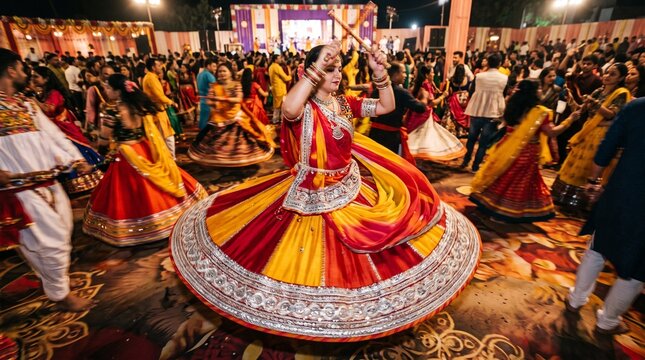 Beautiful Indian woman in traditional chaniya choli spinning fast while playing Dandiya Garba dance during Navratri festival night