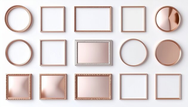 Modern geometric rose gold frames set on white 白背景の幾何学ローズゴールド額縁フレーム イラスト