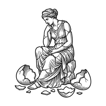 Sitting goddess with hatched cosmic egg shell illustration.