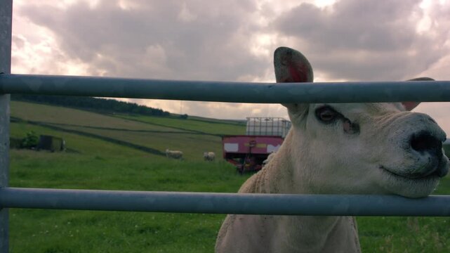 Texel sheep looks through gate 
