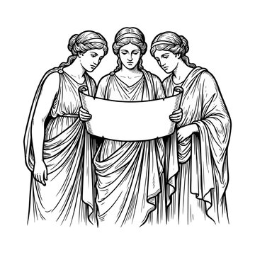 Three ancient Greek women holding unrolled scroll illustration.
