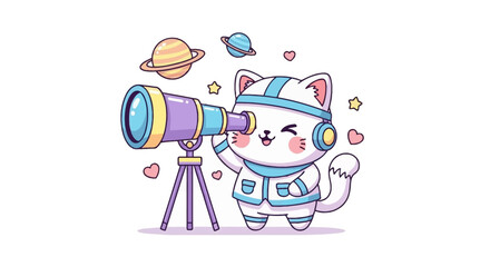 Fototapeta premium Kawaii cat astronaut looking through telescope at planets and stars