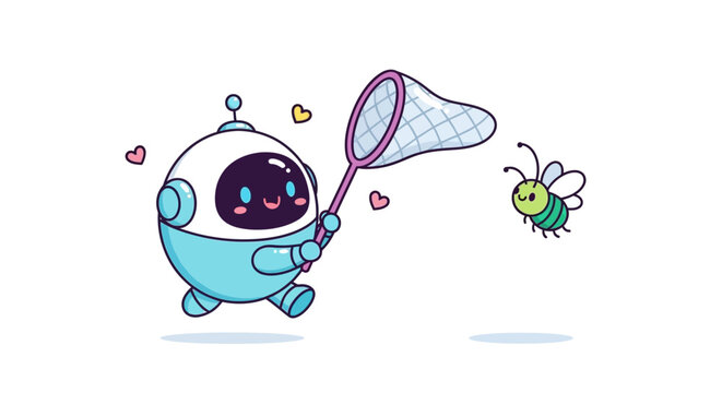 Cute robot catching a flying bee with a net