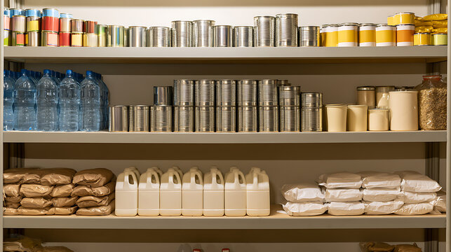 Abundant shelves filled with non-perishable provisions, showcasing a large quantity of food and water, ready for long-term storage and use