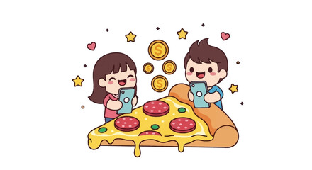 Fototapeta premium Chibi couple ordering pizza with smartphones and earning rewards