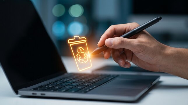 Professional working on a modern laptop computer with a glowing orange recycle bin icon illustrating digital file deletion electronic data management and secure information removal processes
