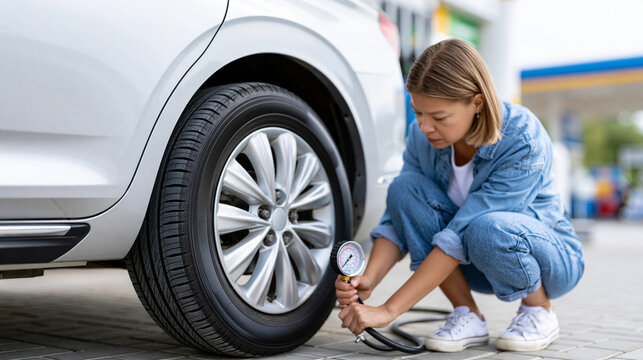 Faceless woman driver checking tire pressure with gauge at gas station before long road trip departure, vehicle safety concept, automotive photography, blurred gas station