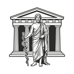 Fototapeta premium Asclepius holding staff before ancient Greek temple.