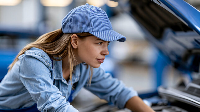 Faceless young woman with opened hood in garage looking under car hood for mechanical issue, female mechanic concept, automotive photography, blurred garage background, with copy