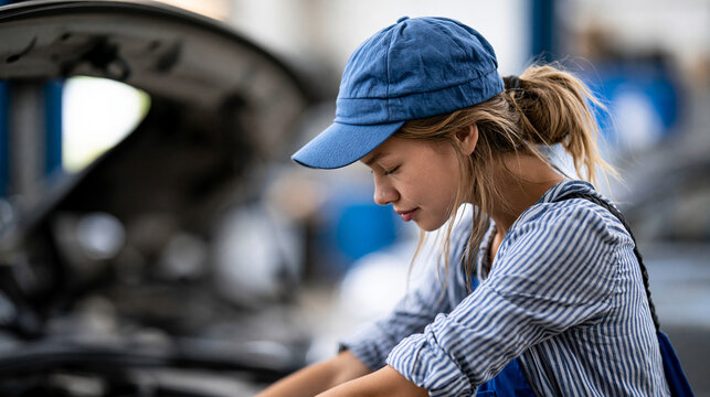 Faceless young woman with opened hood in garage looking under car hood for mechanical issue, female mechanic concept, automotive photography, blurred garage background, with copy