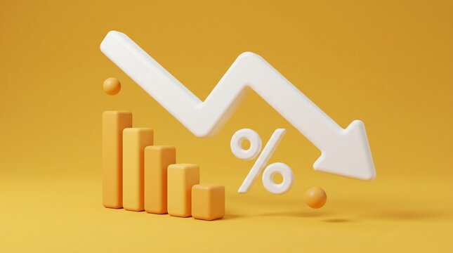 Yellow three dimensional bar chart featuring a white downward arrow and percentage symbol illustrating financial loss economic recession corporate revenue decline and negative investment returns