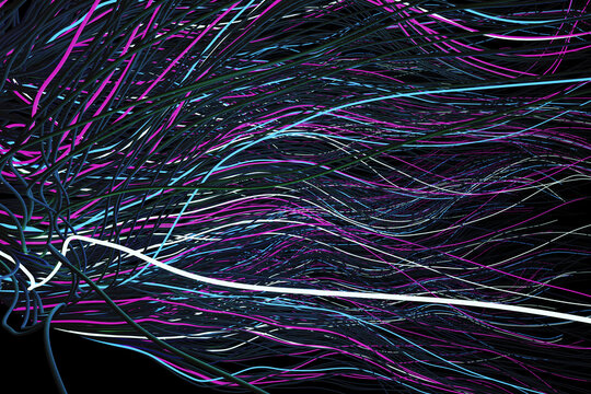 Futuristic abstract background of glowing neon wires and ropes. Vibrant purple and cyan strands weave together against a dark black background. Symbol of connection, data flow, high-tech fiber optics.