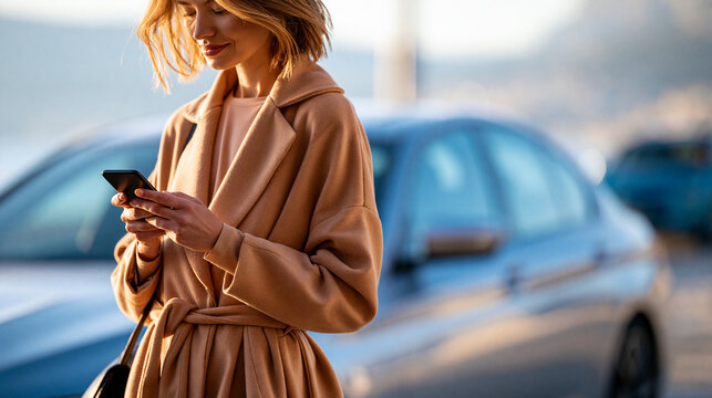 Faceless optimistic woman with smartphone standing beside car and looking away on sunny day, positive travel lifestyle concept, automotive photography, blurred outdoor background,