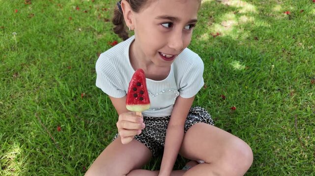 Smiling Little Girl Eating a Watermelon Popsicle