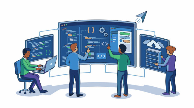 Four people interact with large computer screens displaying coding and interface elements